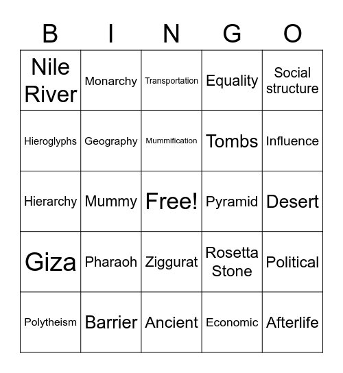 Ancient Egypt Vocab Bingo Card