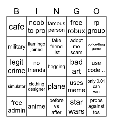 roblox ad's Bingo Card