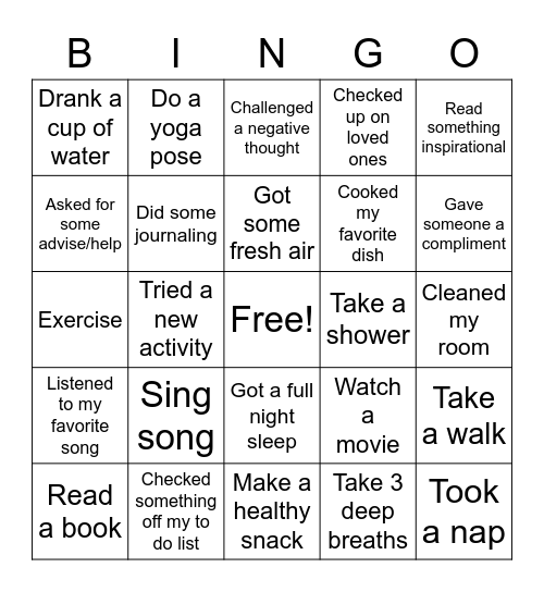Mindfullness Bingo Card