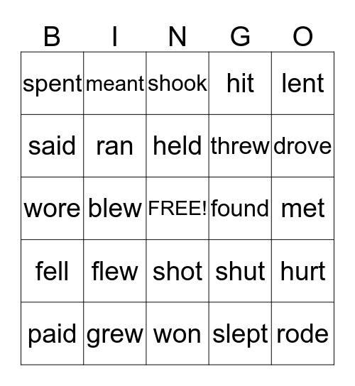 Past Tense Bingo Card