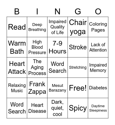 Sleep Bingo Card