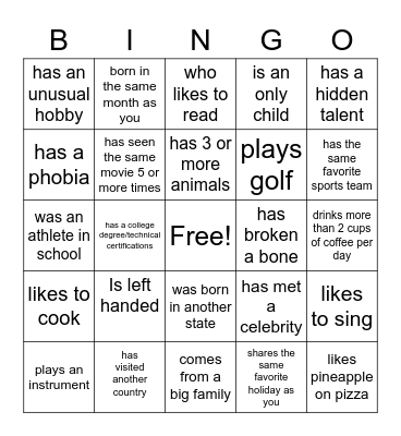 Find Someone Who Bingo Card