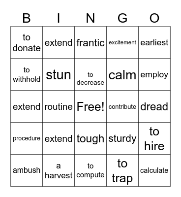 Sadiler Unit 4 Vocabulary Bingo Card