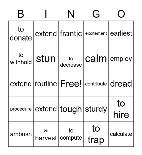 Sadiler Unit 4 Vocabulary Bingo Card