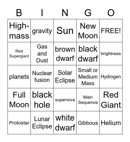 Life Cycle of stars Bingo Card