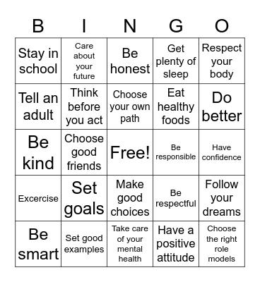 Pledge to be Healthy Bingo Card