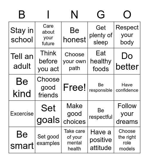 Pledge to be Healthy Bingo Card