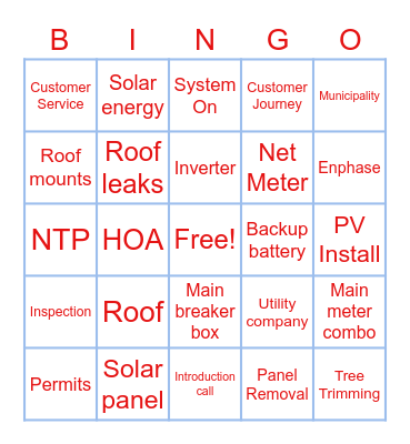 US Solar Bingo Card