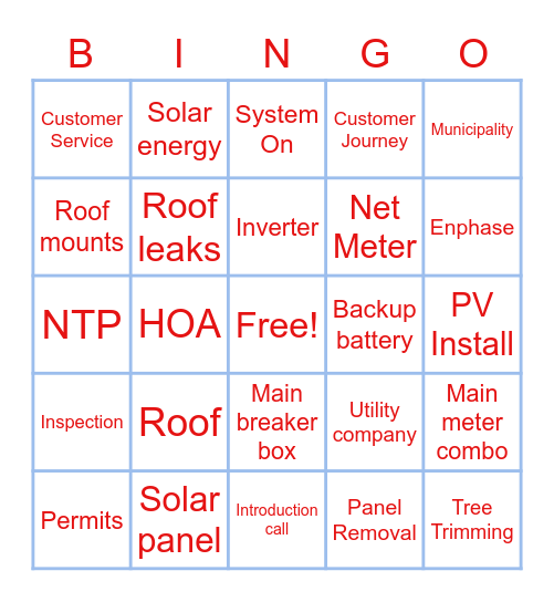US Solar Bingo Card