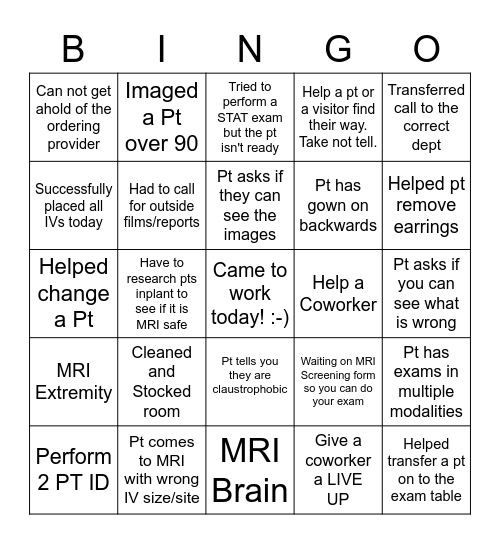 MRI Bingo Card