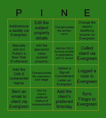 Evergreen Full House BINGO Card