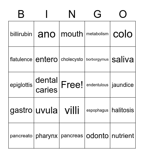 Digestion/nutrition 1 Bingo Card