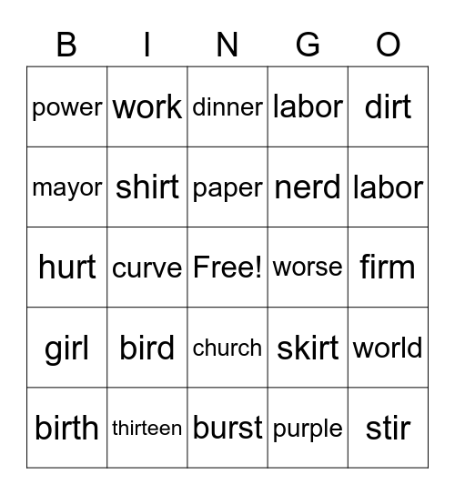 Shirt Sound Spelling Bingo Card