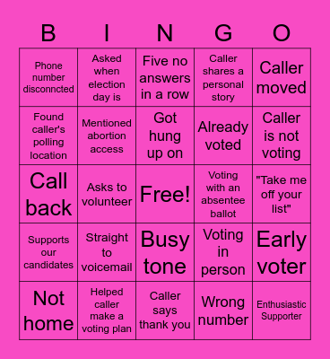 Phonebank Bingo Card