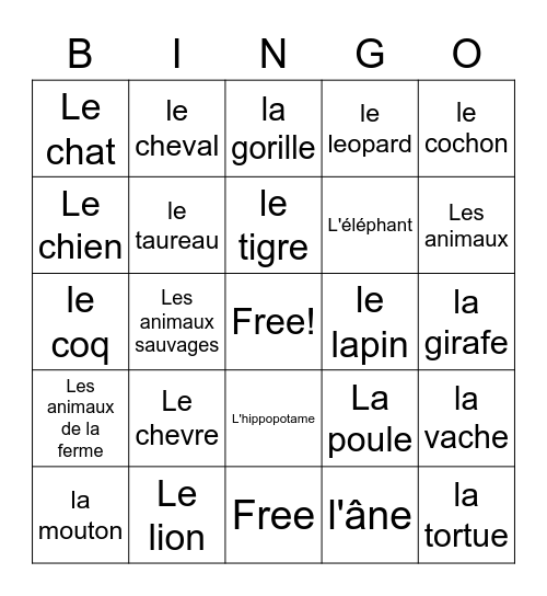 Les animaux! Bingo Card