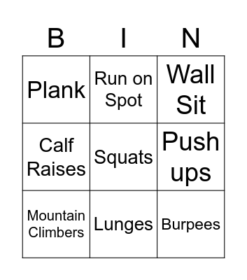 Fitness Bingo Card