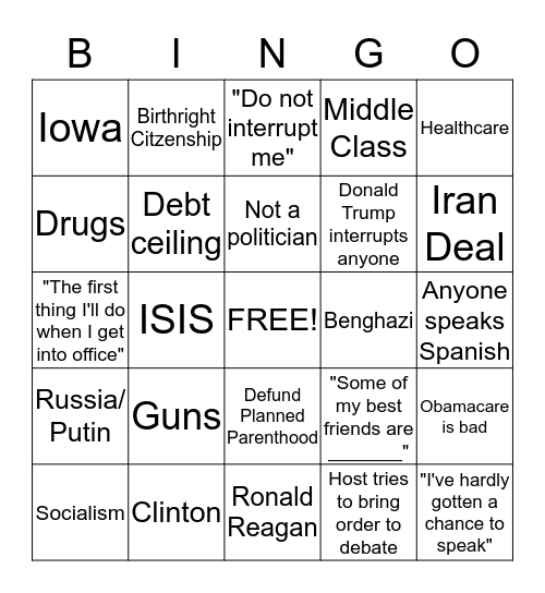 Republican Debate Bingo, Round 2! Bingo Card