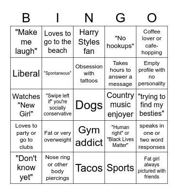 Bumble Girl Profile Bingo Card
