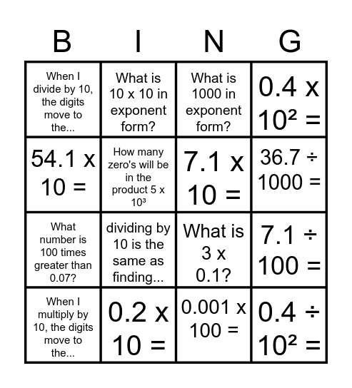 Powers of 10 BINGO Card