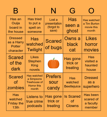 Academy Halloween Bingo Card