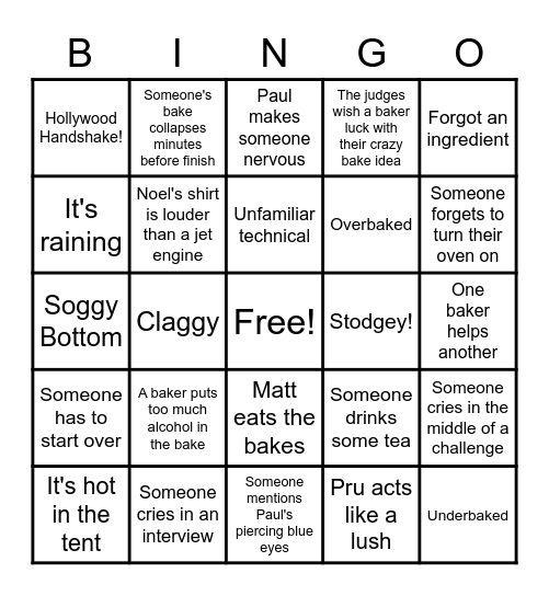 Great British Bake off Bingo Card