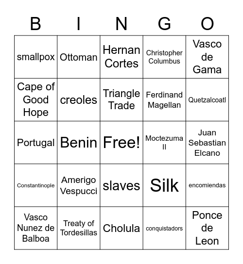 Age of Exploration and Triangle Trade Bingo Card
