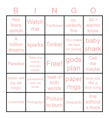 Musical Bingo Card