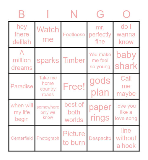 Musical Bingo Card
