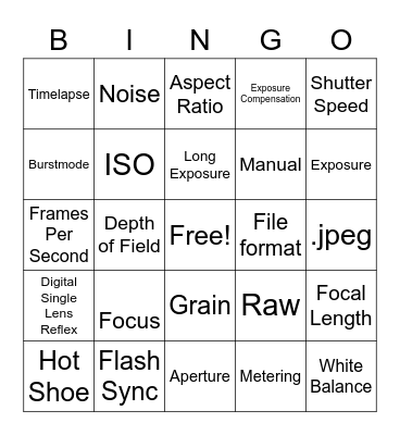 Photography Vocabulary Bingo Card