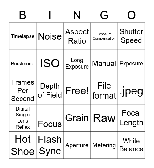 Photography Vocabulary Bingo Card