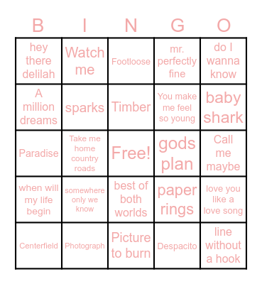 Musical Bingo Card