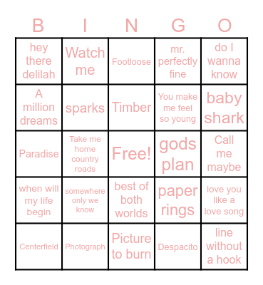 Musical Bingo Card