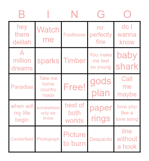 Musical Bingo Card