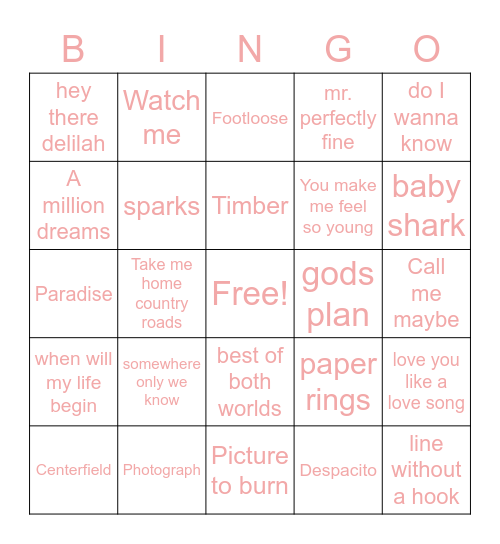 Musical Bingo Card