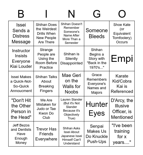 Karate Bingo Card