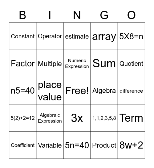 Grade 6 Algebra Plus BINGO Card