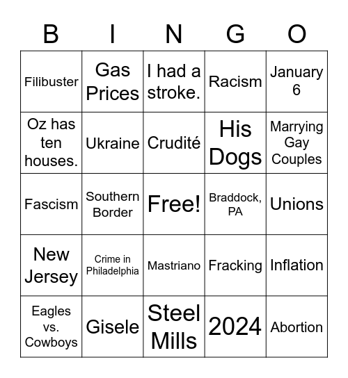 THINGS FETTERMAN WILL MENTION AT THE DEBATE Bingo Card
