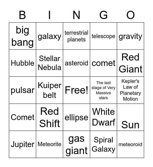 Universe and Solar System Bingo Card