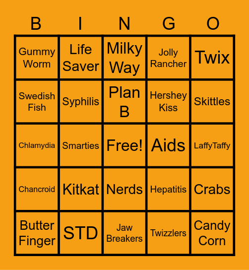 Candy and Condom Bingo Card