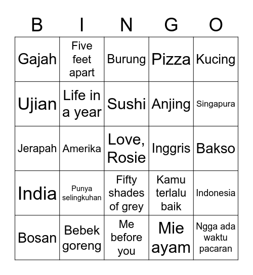 Rosie’s Bingo Card