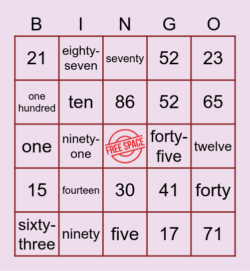 ** NUMBERS 1-100 ** Bingo Card