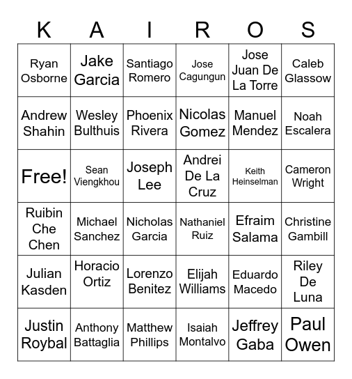 Kairos Candidate Sheet Bingo Card