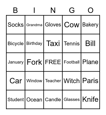 English Words Bingo Card
