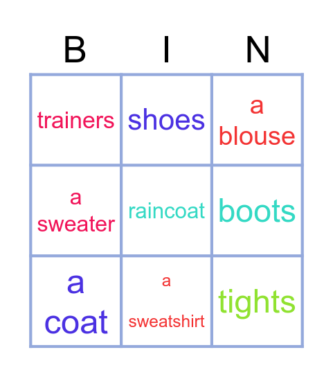 Clothes Bingo Card