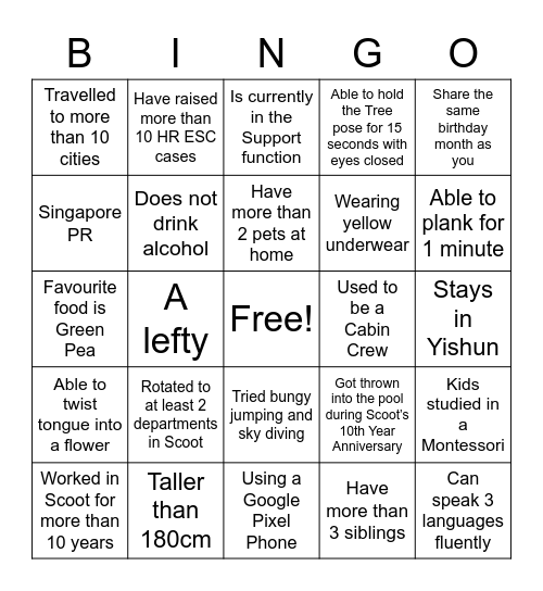 YELLOW Bingo Card
