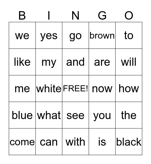 Kindergarten Words Bingo Card