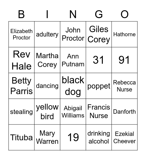 The Crucible BINGO Card