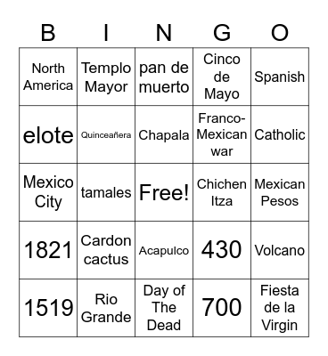 Mexico Bingo Card