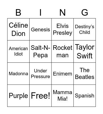 Music Bingo Card