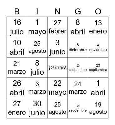 Mi cumpleaños es el ___ de _______ Bingo Card